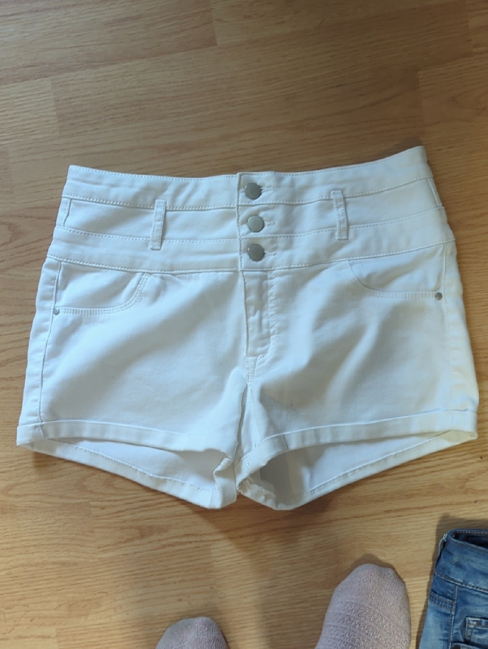 refuge White High-Waist Triple-Button Denim Shorts